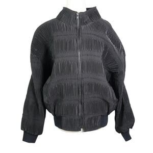 Vintage 80s Black Plisse Pleated Shirred Zip Front Bomber Jacket L